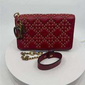 RARE Dior Lady Dior Red Calfskin Cannage Studded Biker Clutch EUC